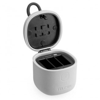 Set incarcator waterproof tip carcasa si 3 acumulatoare Telesin pentru GoPro Hero8 Black, incarcare simultana 3 baterii, cititor carduri TF, Gri