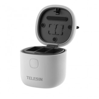 Set incarcator waterproof tip carcasa si 2 acumulatoare Telesin pentru GoPro Hero9/Hero10 Black, incarcare simultana 3 baterii, cititor carduri TF, Gri