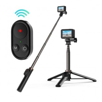 Selfie stick Telesin pentru camere video sport GoPro, USB-C, 65 mAh, Aluminiu, Reglabil, 60cm, Telecomanda inclusa, Negru
